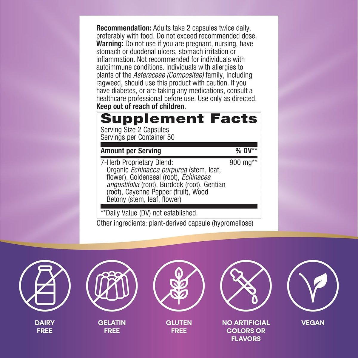 Nature&#39;s Way Echinacea Goldenseal, Premium Blend, Supports Immune Health*, 900 mg per 2-Capsule Serving, Non-GMO Project Verified, Vegan, 100 Capsules