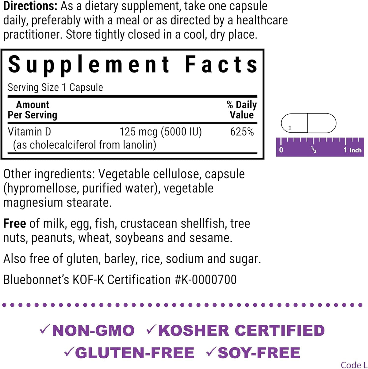 Bluebonnet Nutrition Vitamin D3 5000 IU Vegetable Capsule, Aids in Muscle &amp; Skeletal Growth, Cholecalciferol from Lanolin, D3, Non GMO, Gluten Free, Soy Free, Milk Free, Kosher, 60 Count