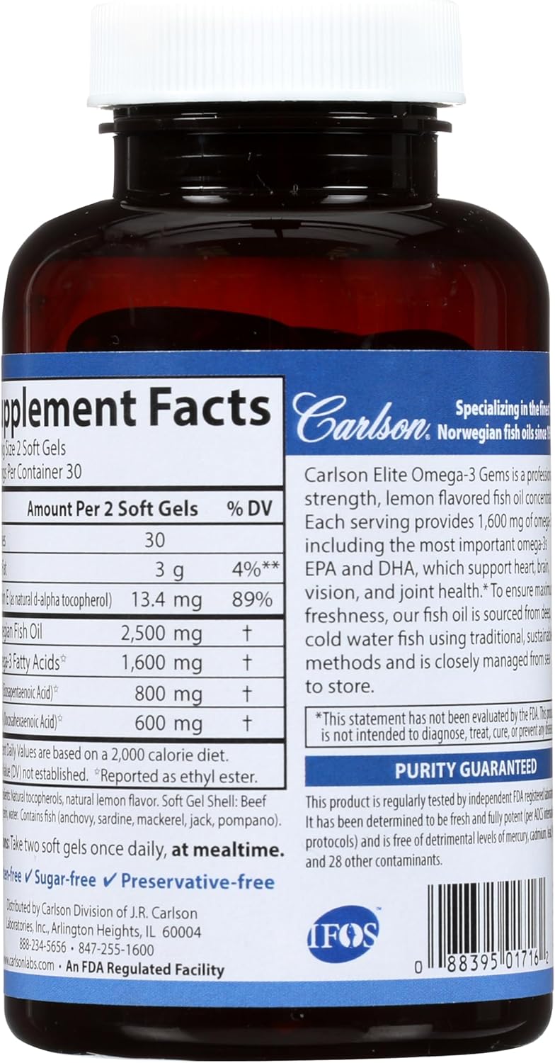 Carlson Labs Elite Omega-3 Gems Fish Oil 1250mg, 60 Softgels