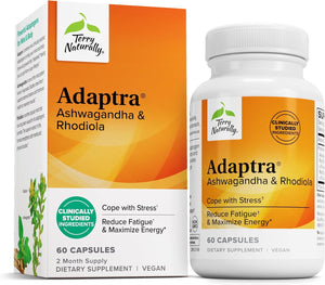 Terry Naturally Adaptra - Supplement to Support Adrenal Health - Ashwagandha Supplement with Rhodiola Rosea Extract - Herbal Supplement to Support Energy & Concentration - 60 Capsules