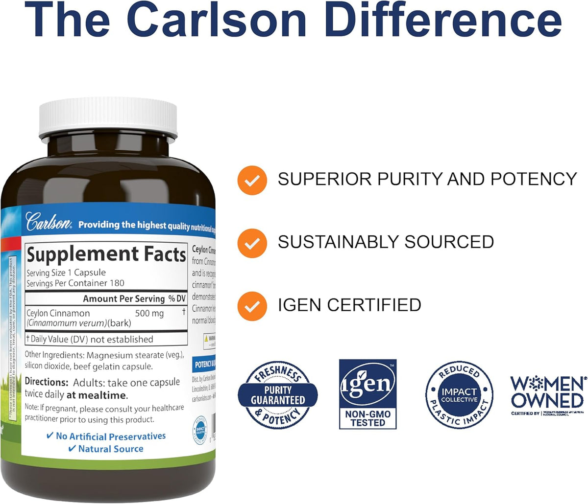 Carlson - Ceylon Cinnamon, Cinnamon Supplements, 500 mg, Cinnamon Extract Pills, Ceylon Cinnamon Capsules, 180 capsules