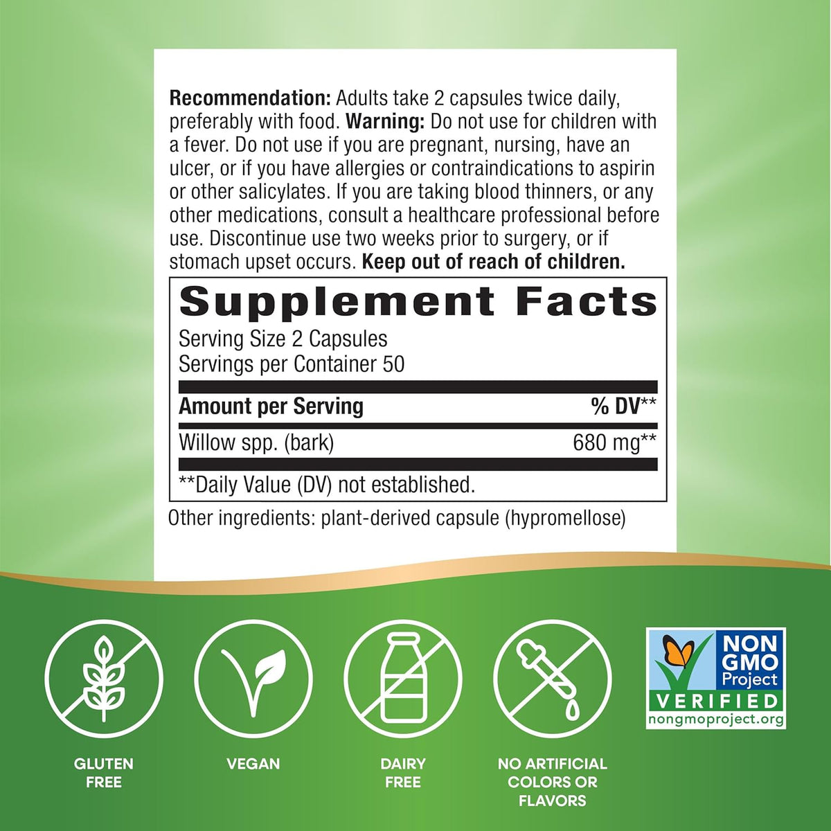 Nature&#39;s Way Willow Bark, Traditional Relief of Discomfort Due to Occasional Overexertion*, Non-GMO Project Verified, 680 mg per Serving, 100 Vegan Capsules