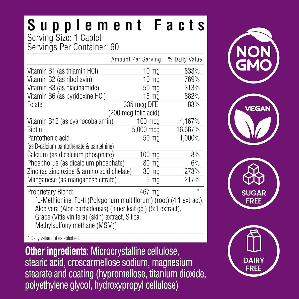 Hair Skin and Nails, Hair Growth Support, Healthy Skin & Nails, Biotin, Vitamins B1, B2, B3, B6 & B7 + B1, Supports Healthy Hair, Radiant Skin and Strong Nails, Vegan, 60 Caplets
