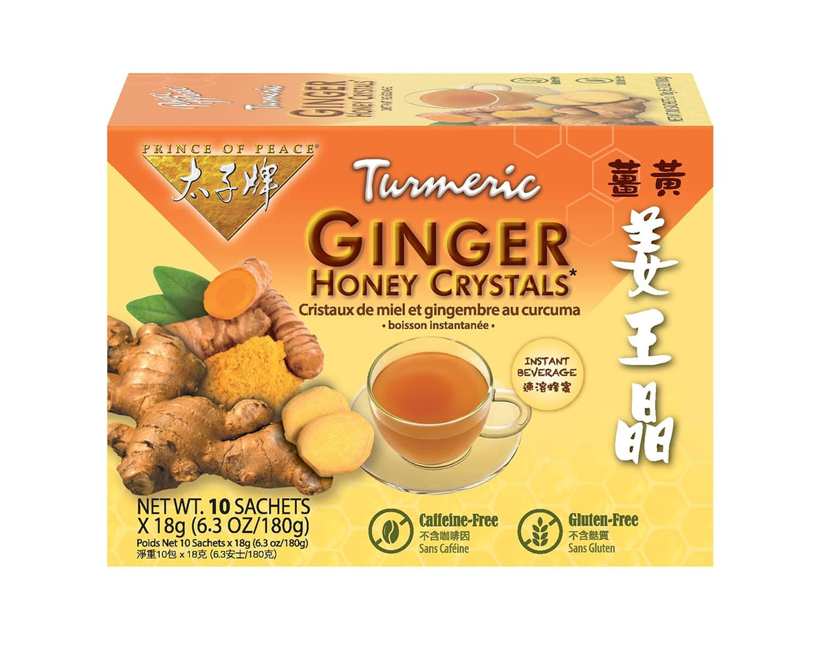 Prince of Peace Instant Ginger Honey Crystals with Turmeric, 10 Sachets – Instant Hot or Cold Beverage that Soothes Throat – Easy to Brew – Drink Like a Tea – Gluten Free – Real Ginger
