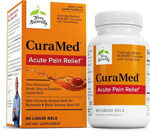 Terry Naturally CuraMed Acute Pain Relief - Supplement with BCM-95 Curcumin & BOS-10 Boswellia - Black Sesame Seed Oil to Support Relief of Occasional Discomfort - 60 Liquid Gels
