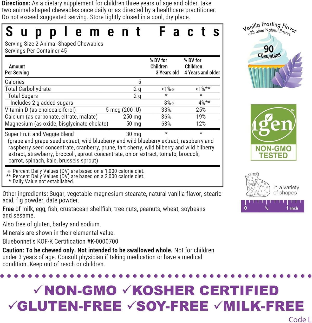 BlueBonnet Super Earth Rainforest Animalz Calcium Magnesium And Vitamin D3 Chews, Natural Vanilla Frosting, White, 90 Count