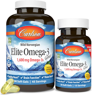 Carlson Labs Elite Omega-3, 1600 mg, Gems Fish Oil Soft Gels, Natural Lemon Flavor, 2 Pack (120 Count Each)