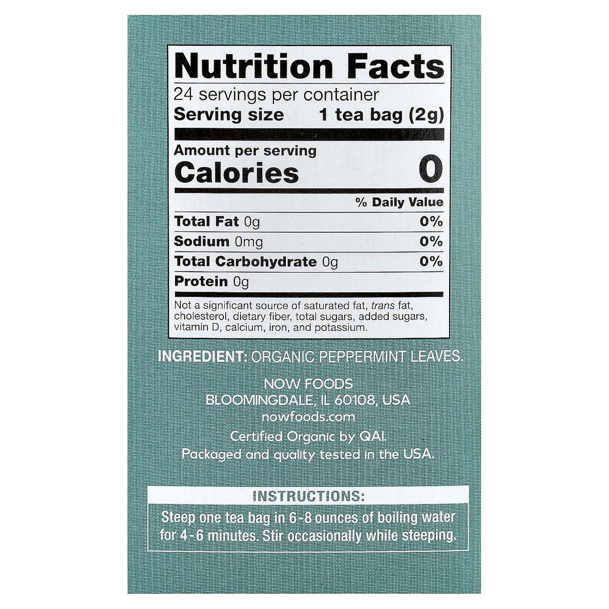 Organic Peppermint Tea, Caffeine Free, 24 Tea Bags, 1.7 oz (48 g), NOW Foods