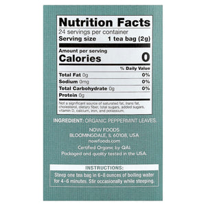 Organic Peppermint Tea, Caffeine Free, 24 Tea Bags, 1.7 oz (48 g), NOW Foods