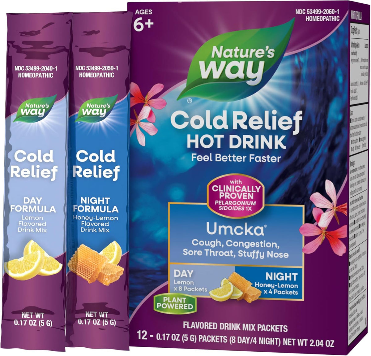 Nature&#39;s Way Cold Relief Hot Drink, Umcka, Homeopathic, Clinically Proven Pelargonium Sidoides 1X, for Cough, Congestion, Sore Throat, Stuffy Nose, Day &amp; Night Formula, 12 Packets