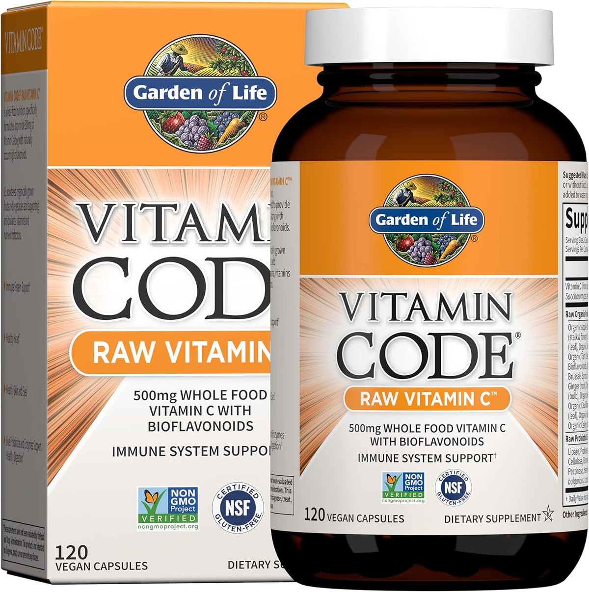 Garden of Life - Vitamin Code Raw VitaminC - 120 Vegan Capsules, 500mg Whole Food VitaminC with Bioflavonoids, Fruits &amp; Veggies, Probiotics, Gluten Free Vitamin-C Supplements for Adults