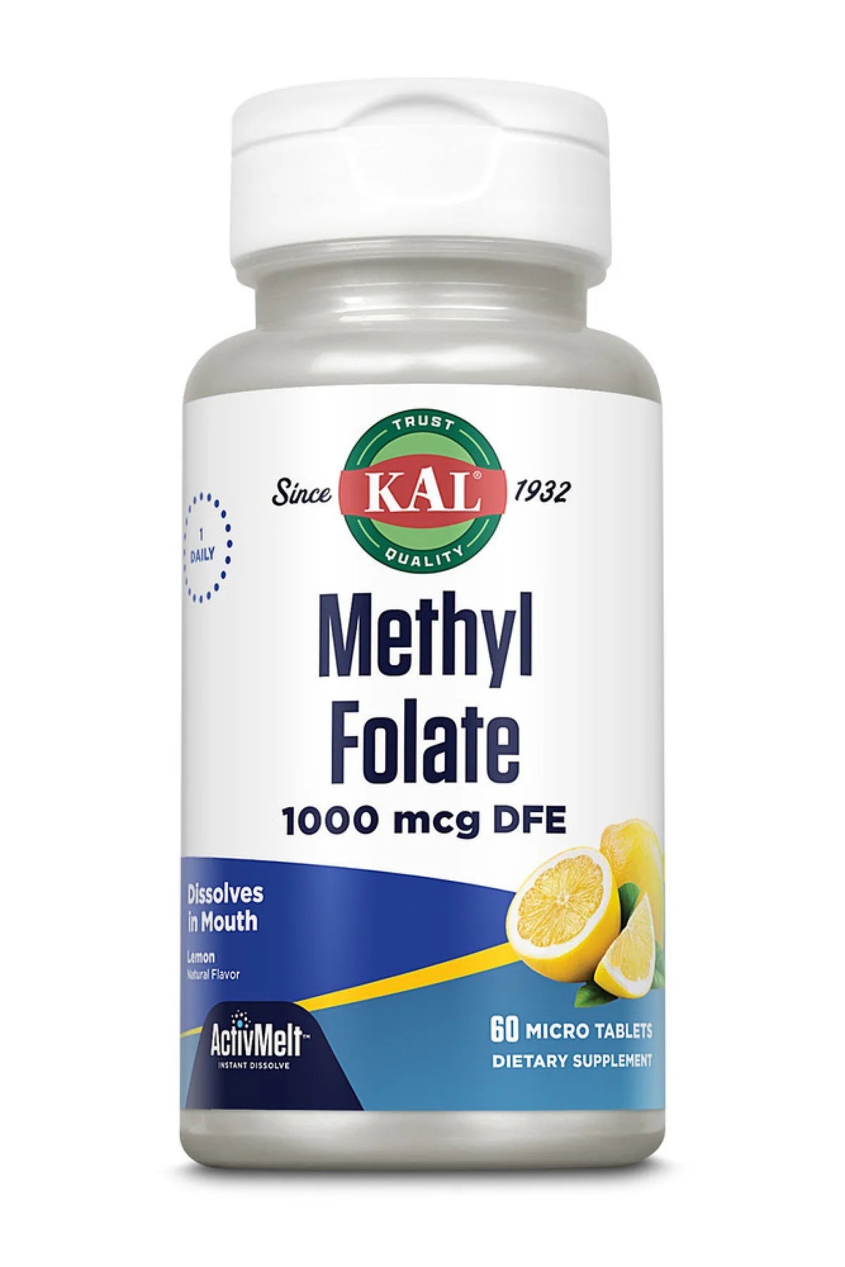 KAL Methyl Folate 1000 mcg, 5-MTHF Active Form, Folic Acid Supplement, Heart Health, Prenatal, Mood and Brain Support, Vegetarian, Natural Lemon ActivMelt, 60-Day Guarantee, 60 Serv, 60 Micro Tablets