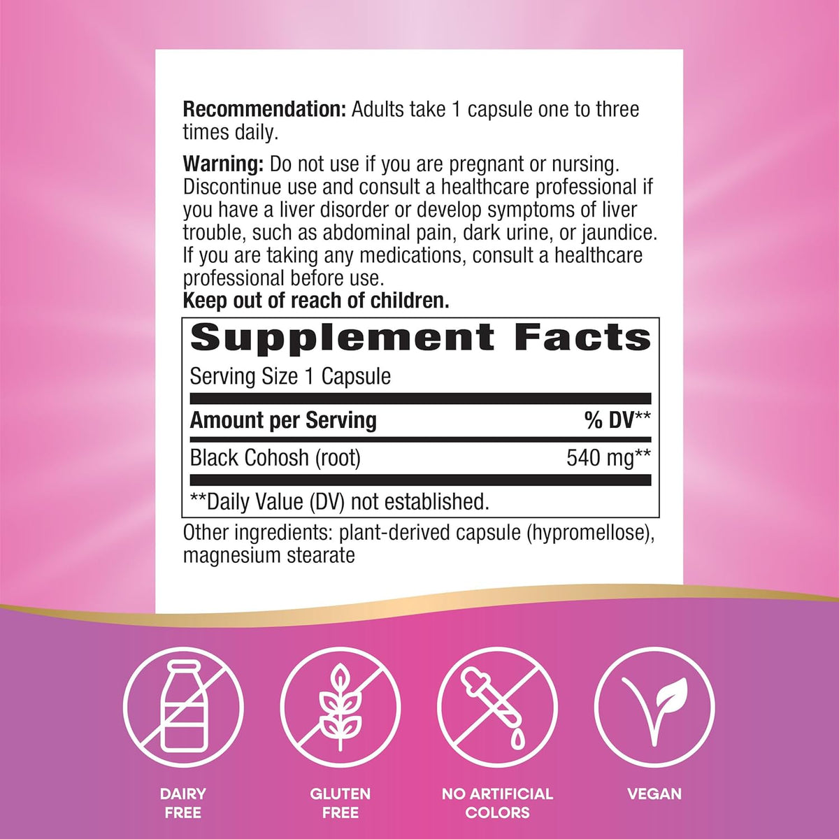 Nature&#39;s Way Black Cohosh Root, Traditional Support for Women&#39;s Health*, 540 mg per Serving, Non-GMO Project Verified, 100 Capsules