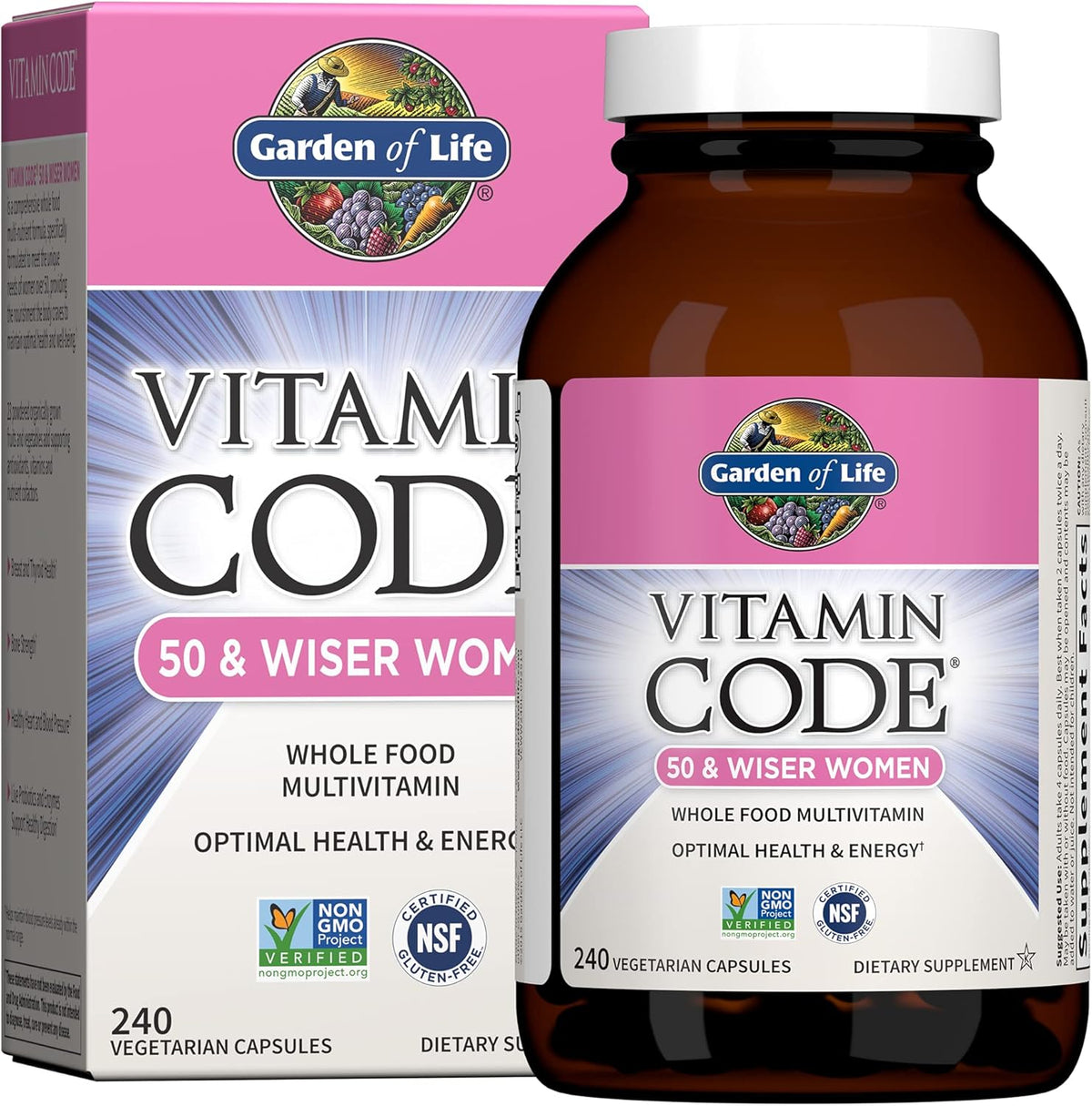 Garden of Life Multivitamin for Women 50 &amp; Over, Vitamin Code Women 50 &amp; Wiser Multi - 240 Capsules with Vitamins A, B, C, D3, E &amp; K, CoQ10, Probiotics &amp; Enzymes