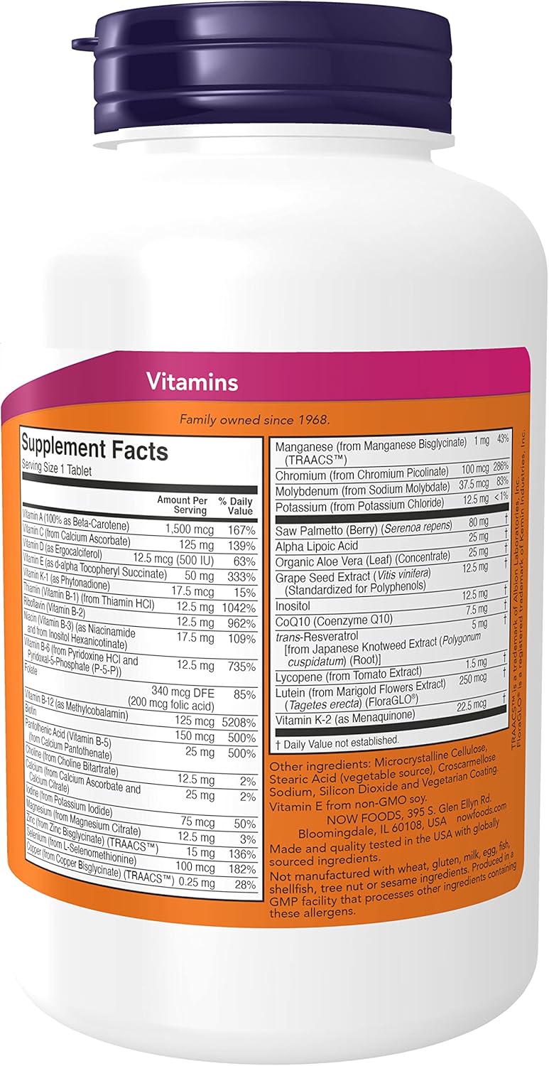 NOW Foods Supplements, ADAM™ Men&#39;s Multivitamin with Saw Palmetto, Lycopene, Alpha Lipoic Acid and CoQ10, Plus Natural Resveratrol &amp; Grape Seed Extract, 120 Tablets
