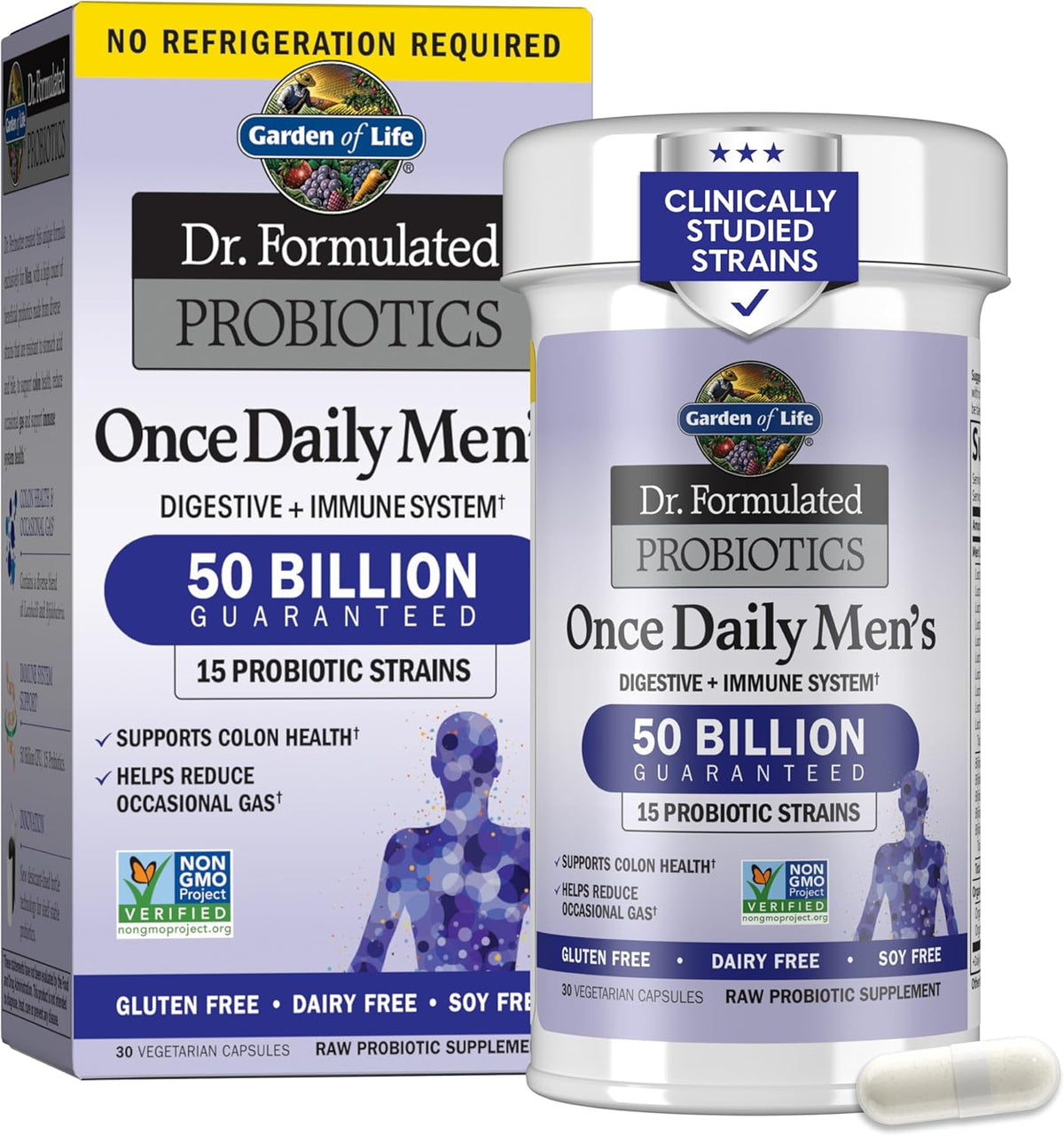 Garden of Life Probiotics for Men Dr Formulated 50 Billion CFU 15 Probiotics for Digestive Health + Organic Prebiotic Fiber for Colon &amp; Immune Support, Daily Gas Relief, Shelf Stable, 30 Capsules