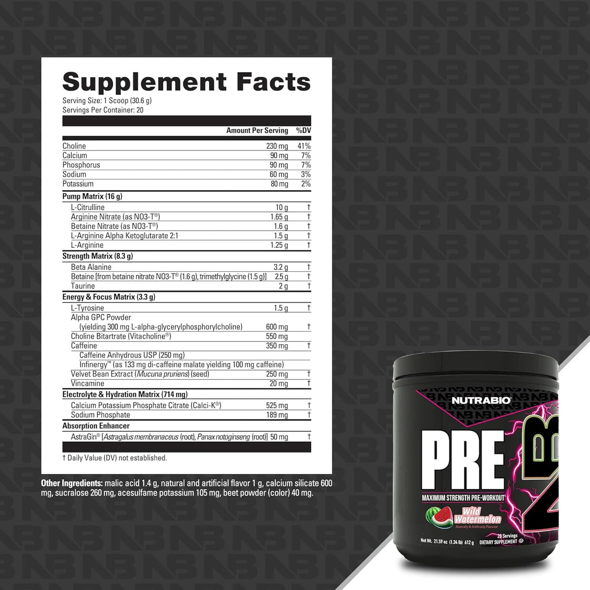 NutraBio PRE Workout Powder - New Formula- Sustained Energy, Mental Focus, Endurance - Beta Alanine, Caffeine, Electrolytes - 20 Servings - Wild Watermelon