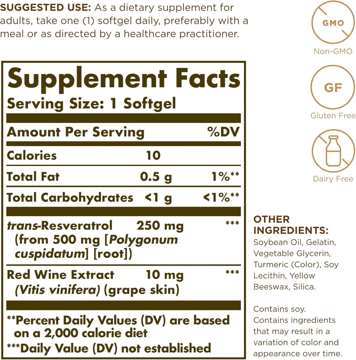 Solgar Resveratrol 250 mg with Red Wine Extract - 30 Softgels - Antioxidant Support - Non-GMO, Gluten Free, Dairy Free - 30 Servings
