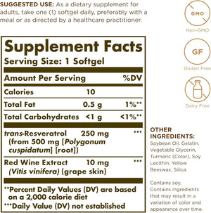 Solgar Resveratrol 250 mg with Red Wine Extract - 30 Softgels - Antioxidant Support - Non-GMO, Gluten Free, Dairy Free - 30 Servings