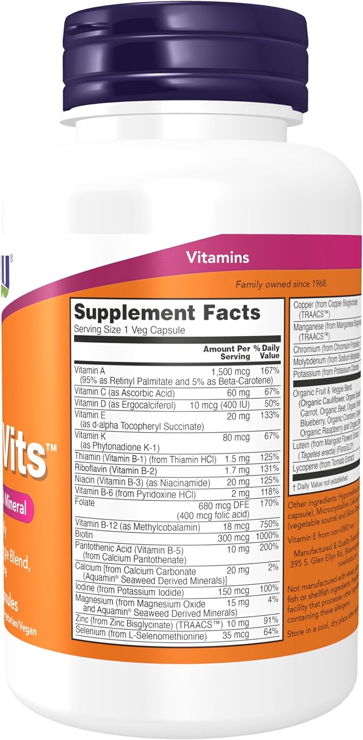 NOW Foods Supplements, Daily Vits™ with Fruit &amp; Veggie Blend, Lutein and Lycopene, 120 Veg Capsules