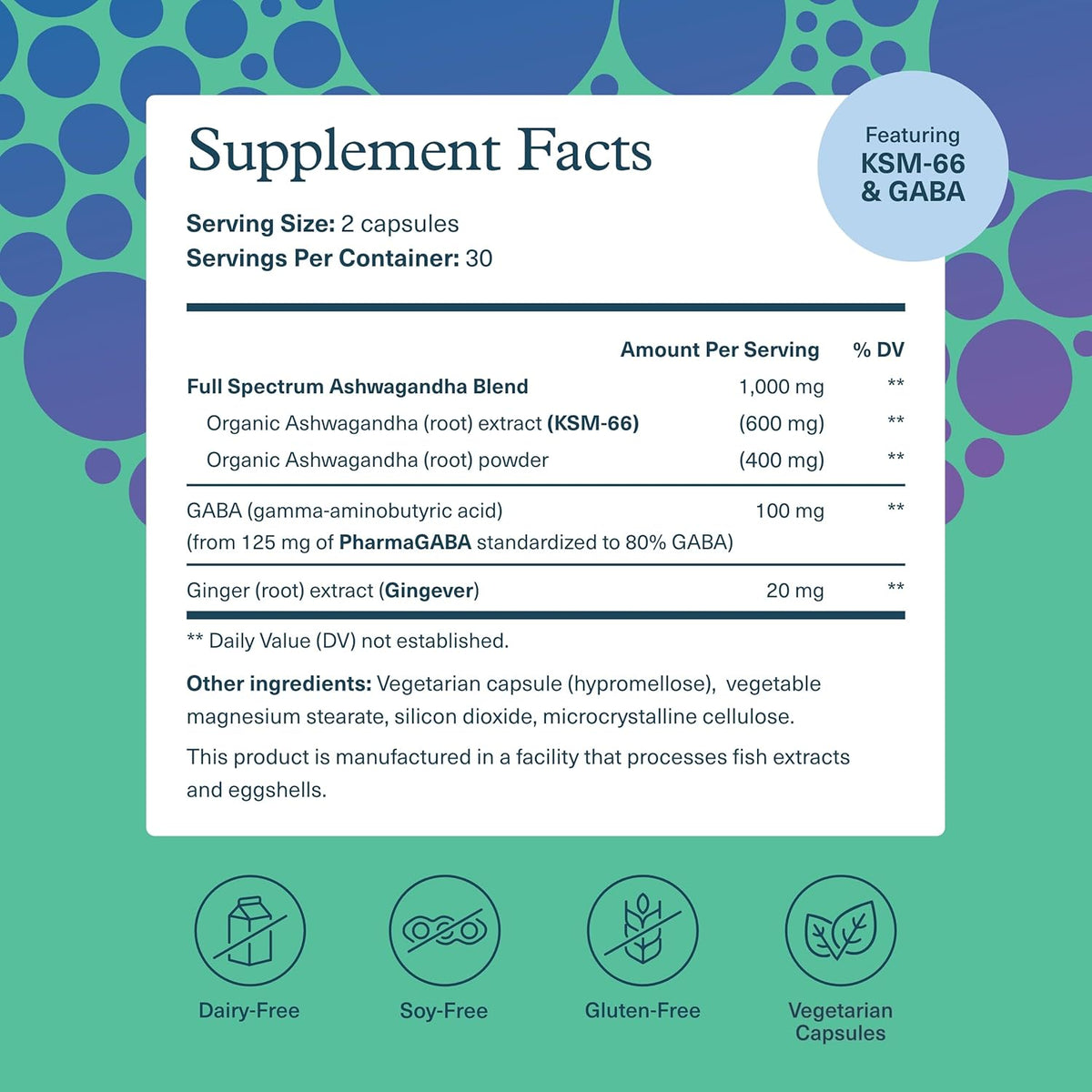 Youtheory Ashwagandha + GABA - Uses KSM-66-1,000 mg Ashwagandha &amp; 100 mg GABA - Cortisol, Stress &amp; Memory Support Supplement - 60 Vegetarian Capsules