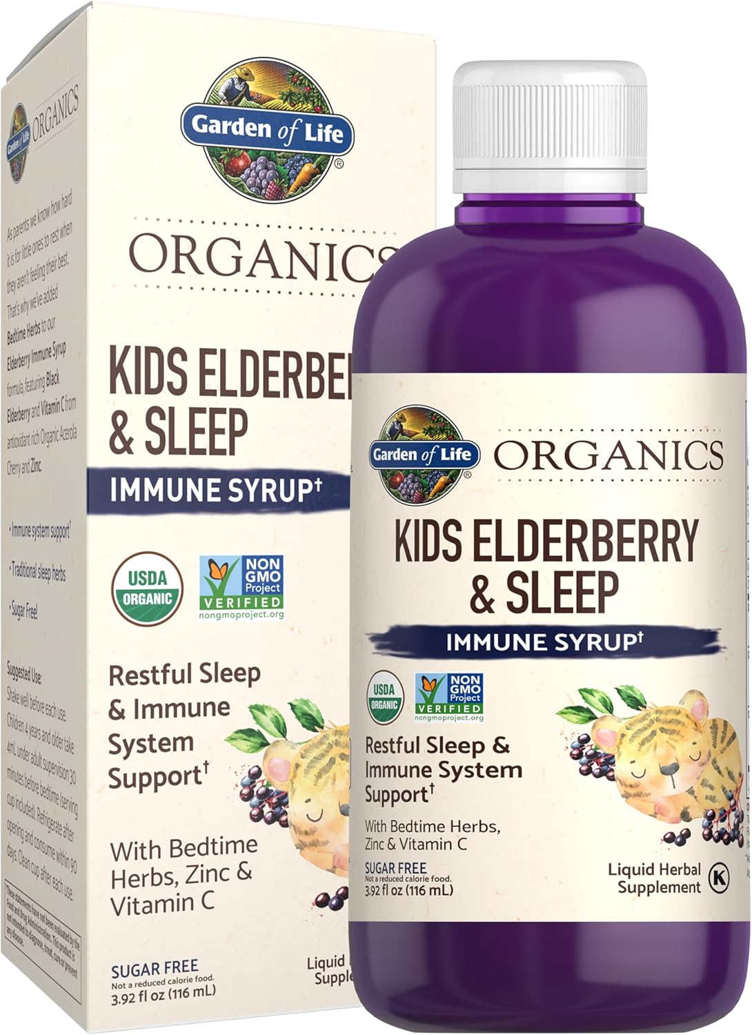 Garden of Life Organics Elderberry Immune Support for Kids with Zinc, Vitamin C - Kids Elderberry &amp; Sleep Immune Syrup Liquid, Bedtime Herbs for Children, No Alcohol, No Added Sugar, 3.92 fl oz