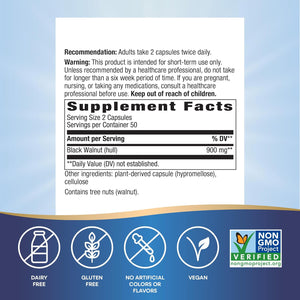 Nature's Way Black Walnut Hulls, Traditional Digestive Tract Tonic*, 900 mg per 2-Capsule Serving, Non-GMO Project Verified, Vegan, 100 Capsules