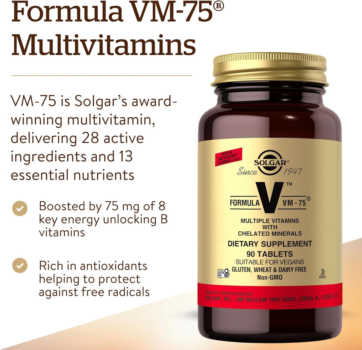 Solgar Formula VM-75, 90 Tablets - Multivitamin with Chelated Minerals - Vitamin A, B6, B12, C, D, E - Biotin, Magnesium, Calcium, Iron, Zinc - Vegan, Gluten Free, Dairy Free, Kosher - 90 Servings