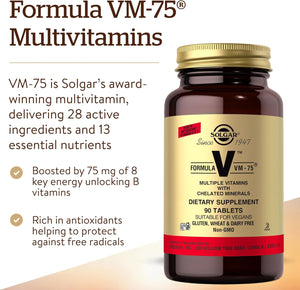 Solgar Formula VM-75, 90 Tablets - Multivitamin with Chelated Minerals - Vitamin A, B6, B12, C, D, E - Biotin, Magnesium, Calcium, Iron, Zinc - Vegan, Gluten Free, Dairy Free, Kosher - 90 Servings
