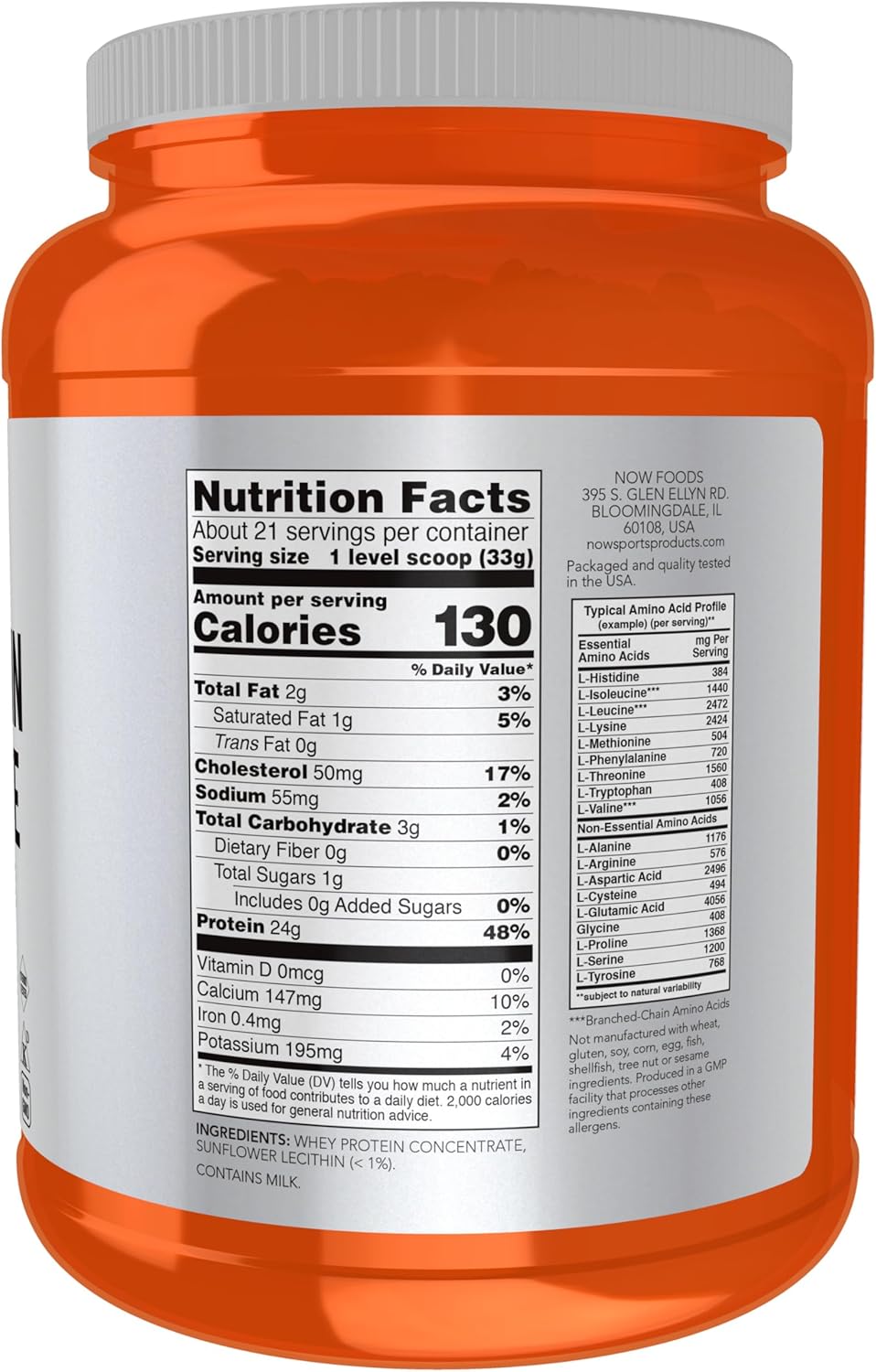 NOW Foods Sports Nutrition, Whey Protein Concentrate, 24 g With BCAAs, Unflavored Powder, 1.5-Pound