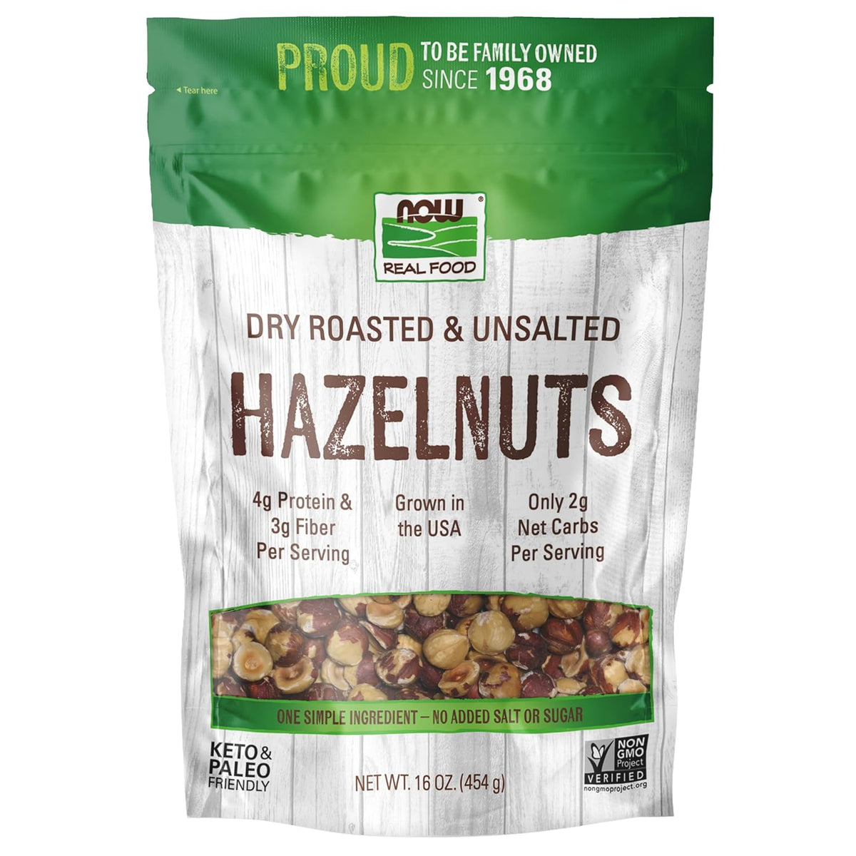 NOW Foods, Real Food, Dry Roasted &amp; Unsalted Hazlenuts, Non-GMO, Vegan, Grown in the USA, 16 oz (454 g)