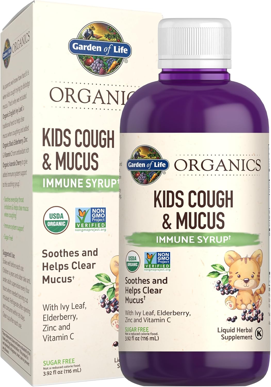 Garden of Life Organics Elderberry &amp; Zinc for Children&#39;s Immune Support, Kids Cough &amp; Mucus Immune Syrup with Ivy Leaf, Vitamin C and Echinacea, Alcohol-Free, No Added Sugars, 3.92 fl oz