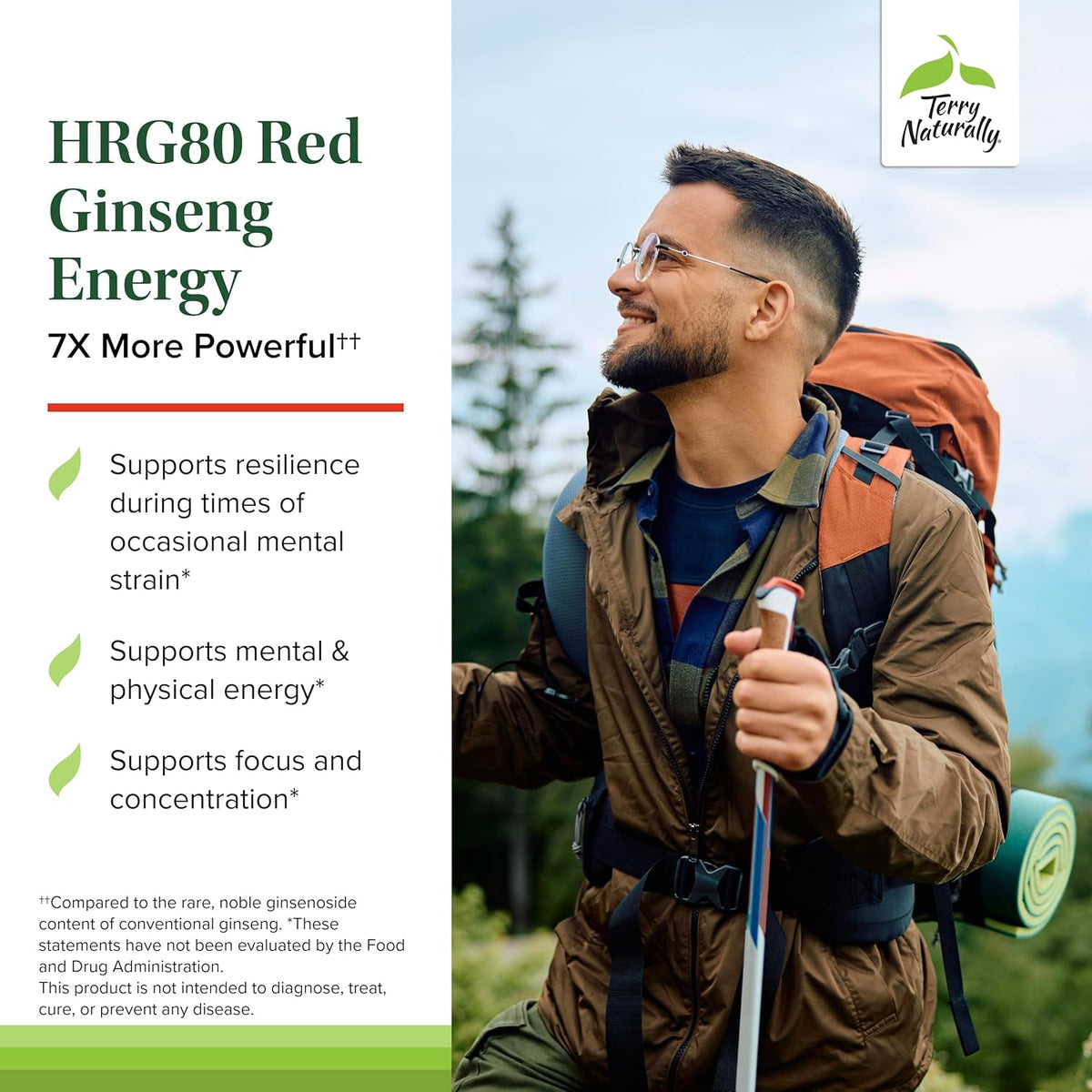 Terry Naturally HRG80 Red Ginseng Energy - Supplement to Support Healthy Energy &amp; Focus - Herbal Supplement with Korean Red Ginseng Root Powder - Vegan Tablets to Aid Healthy Endurance - 30 Capsules