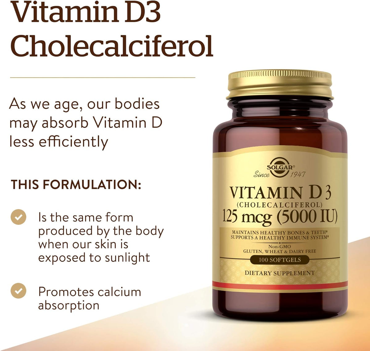 Solgar Vitamin D3 (Cholecalciferol) 125 MCG (5000 IU), 100 Softgels - Helps Maintain Healthy Bones &amp; Teeth - Immune System Support - Non GMO, Gluten-Free, Dairy Free - 100 Servings