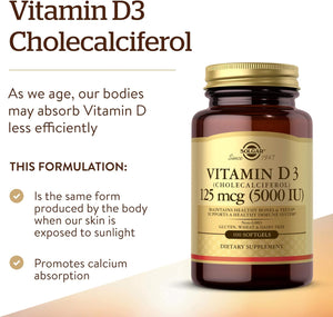 Solgar Vitamin D3 (Cholecalciferol) 125 MCG (5000 IU), 100 Softgels - Helps Maintain Healthy Bones & Teeth - Immune System Support - Non GMO, Gluten-Free, Dairy Free - 100 Servings