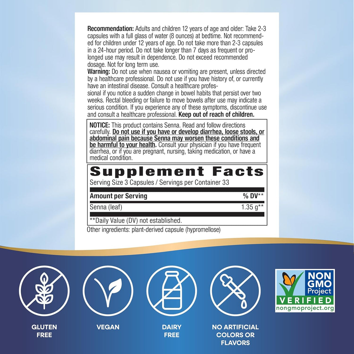 Nature&#39;s Way Senna Leaves, Relieves Occasional Constipation*, 1,350 mg per 3-Capsule Serving, Non-GMO Project Verified, 100 Capsules