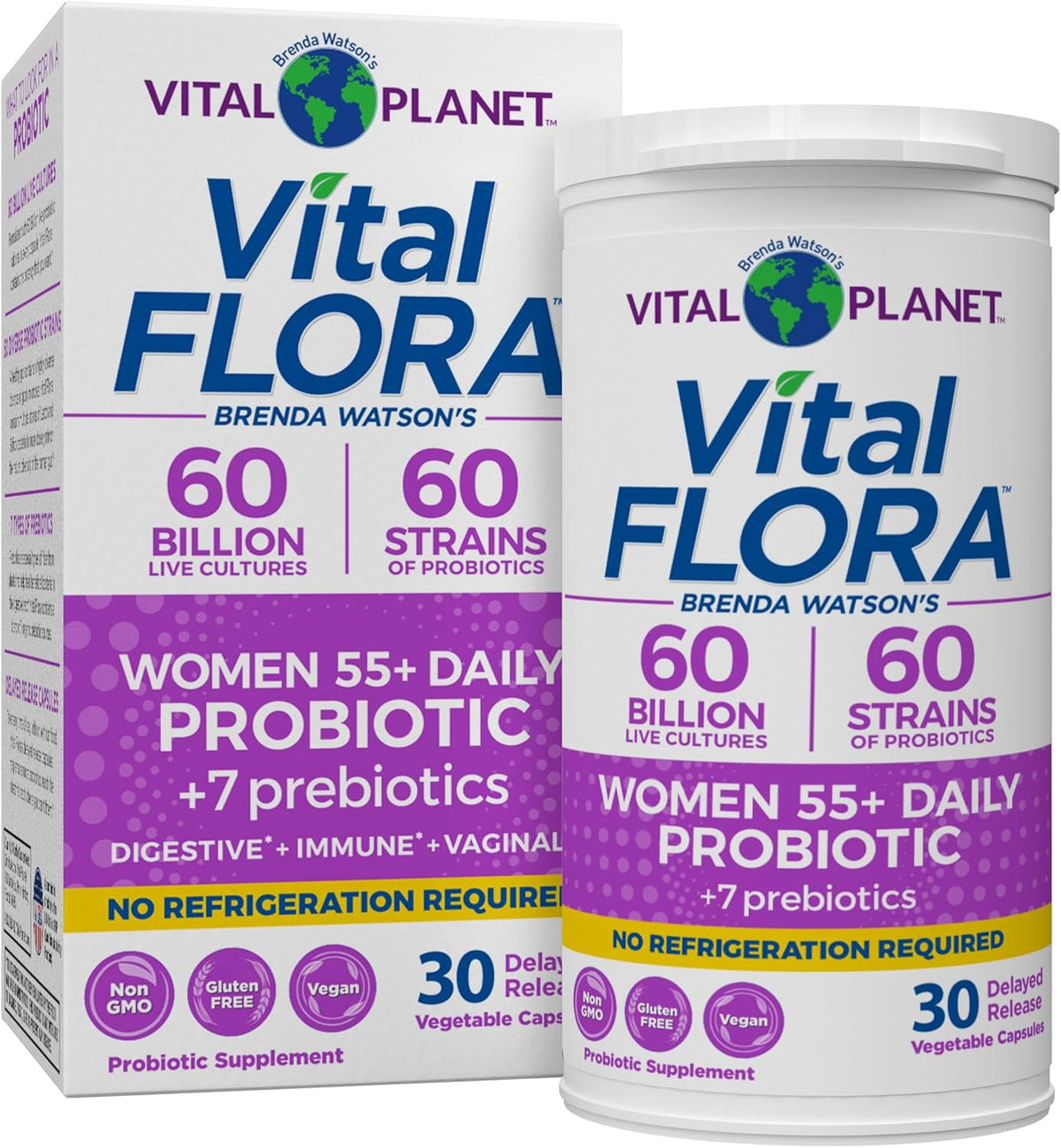 Vital Planet - Vital Flora Women 55+ Daily Shelf Stable Probiotic Supplement with 60 Billion Cultures and 60 Strains, Immune and Digestive Support Probiotics for Women with Prebiotic fiber, 30 Capsule