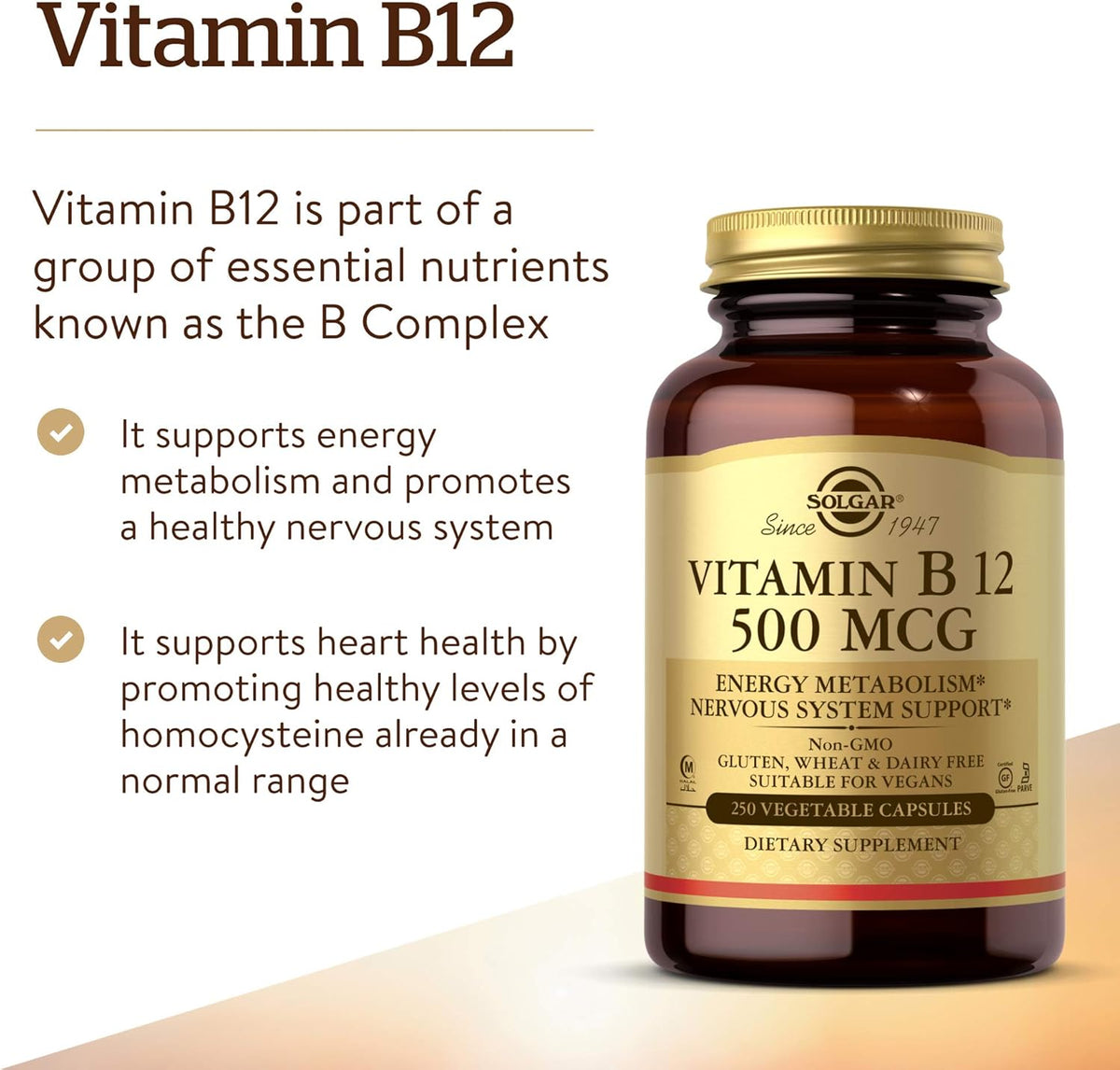 Solgar Vitamin B12 500 mcg, 250 Vegetable Capsules - Energy Metabolism - Nervous System Support - Promotes Heart Health - Non-GMO, Vegan, Gluten Free, Dairy Free, Kosher, Halal - 250 Servings