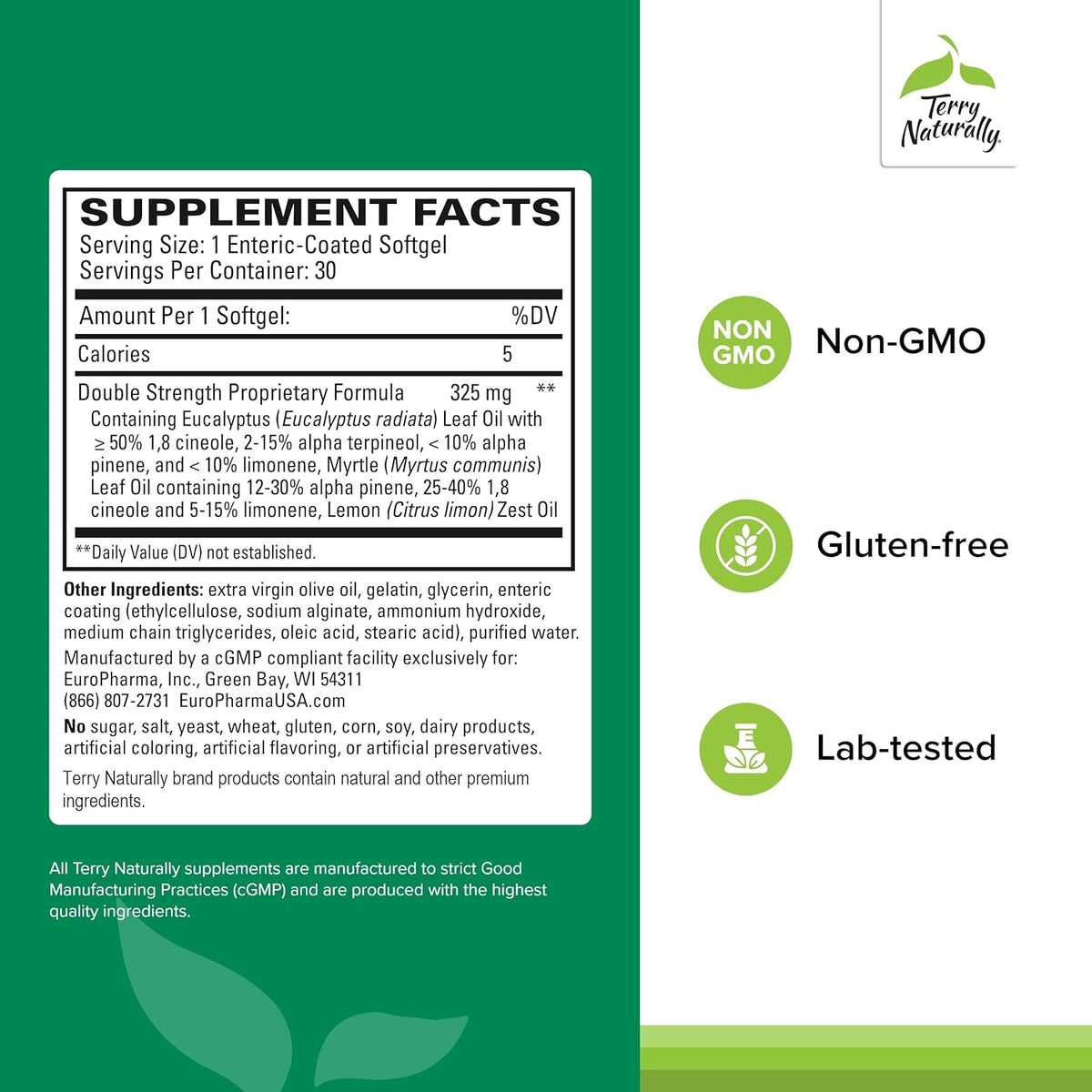 Terry Naturally SinuCare Extra Strength - Dietary Supplement with Eucalyptus &amp; Myrtle - Immune &amp; Lung Health Support - Supplement Formula to Aid Sinus Health - 30 Servings