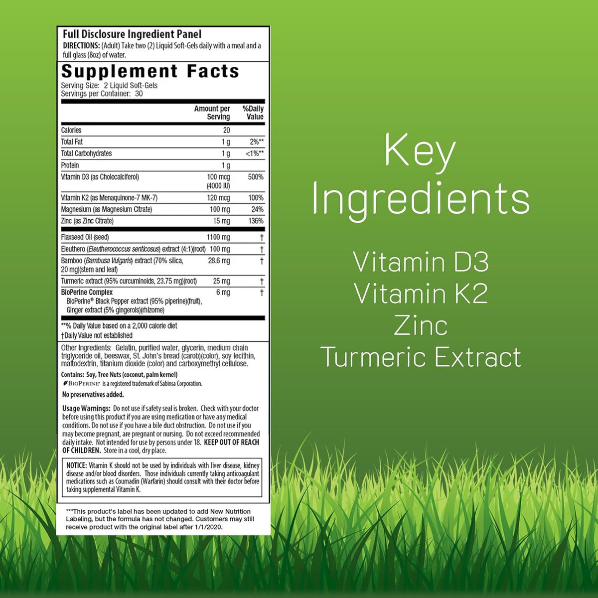 Irwin Naturals High Potency Mega D3 &amp; K2 + Turmeric Extract for Healthy Bones, Immune Function &amp; Positive Mood - Advanced Absorption with Magnesium, Turmeric, Bamboo &amp; Omega Oil - 60 Liquid Softgels