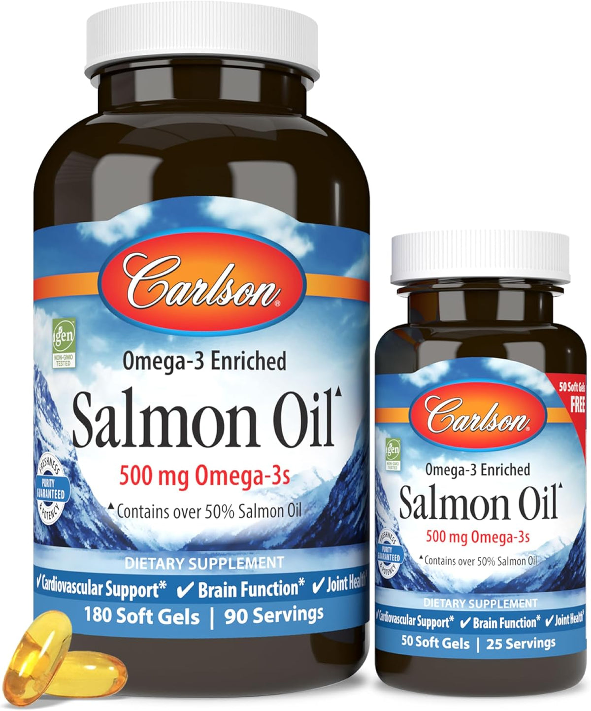 Carlson - Norwegian Salmon Oil, 500 mg Omega-3s, Norwegian Salmon Oil Supplement, Wild Caught Omega 3 Salmon Oil Capsules, Sustainably Sourced, Brain, Heart &amp; Joint Health, 180+50 Softgels