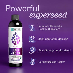 Zhou Organic Black Seed Oil - Black Cumin Seed Oil Cold Pressed, Nigella Sativa, Pure Unrefined Blackseed Liquid, Premium Supplement for Health with Thymoquinone, Omega 3 6 9 - 8 Fl Oz