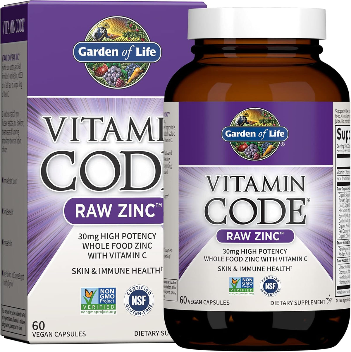 Garden of Life Zinc Supplements 30mg High Potency Raw Zinc and Vitamin C Multimineral Supplement, Vitamin Code Vitamins Trace Minerals &amp; Probiotics for Skin Health &amp; Immune Support, 60 Vegan Capsules