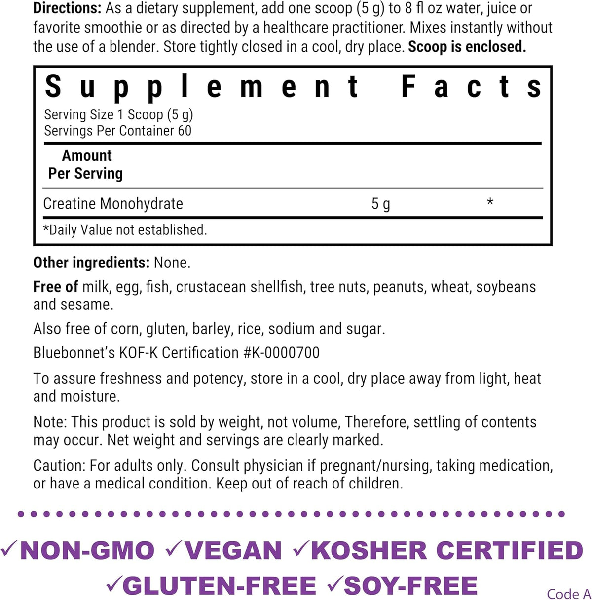 BlueBonnet Nutrition Micronized Creatine Monohydrate 5 g – Supports Lean Muscle Mass* - Non-GMO, Vegan, Kosher Certified, Gluten-Free, Soy-Free, Milk-Free – Unflavored, 10.58 OZ, 60 Servings