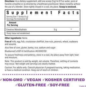 BlueBonnet Nutrition Micronized Creatine Monohydrate 5 g – Supports Lean Muscle Mass* - Non-GMO, Vegan, Kosher Certified, Gluten-Free, Soy-Free, Milk-Free – Unflavored, 10.58 OZ, 60 Servings