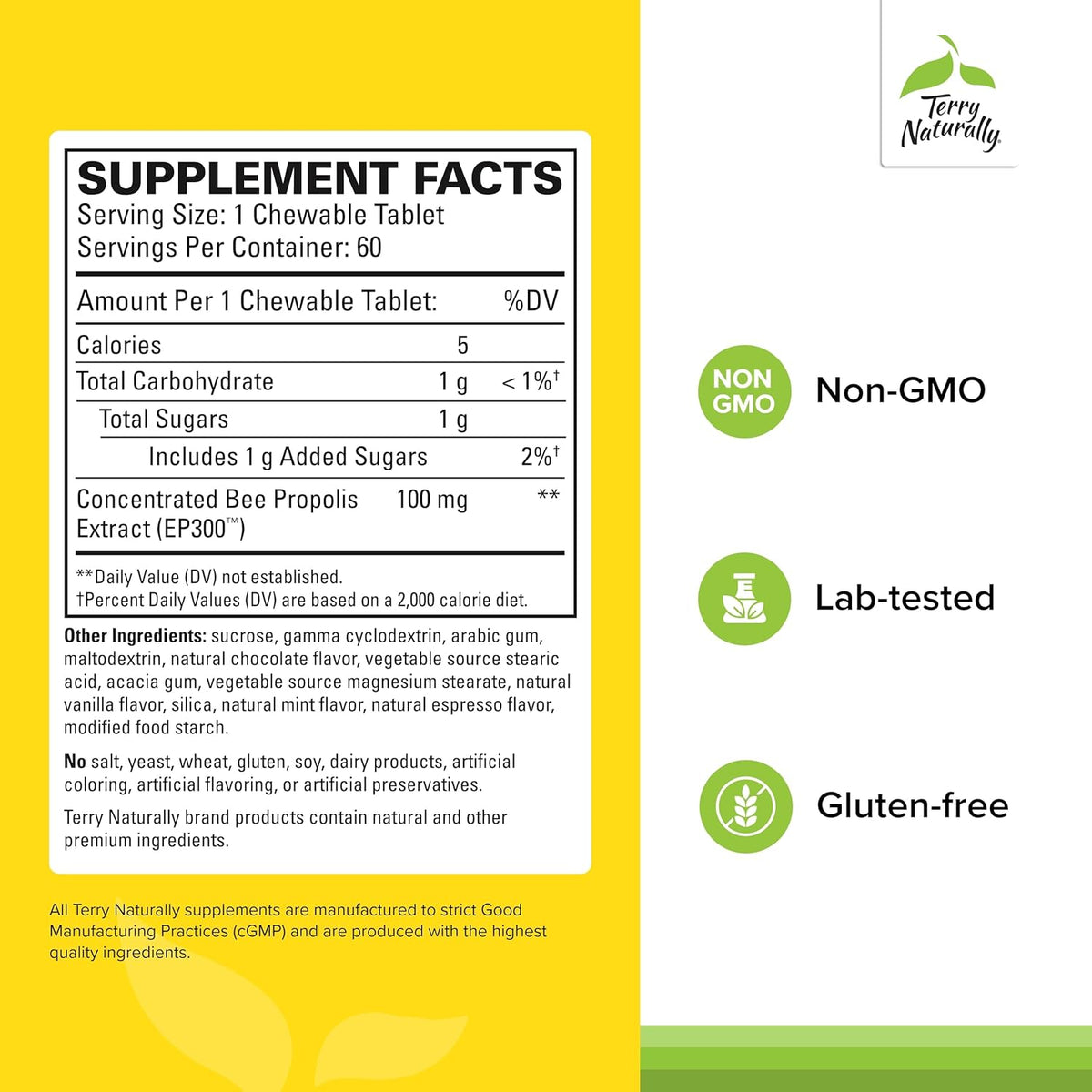 Terry Naturally Propolis Extract EP300 - Upper Respiratory & Immune System Support Supplement - Child & Adult Supplement with Bee Propolis Extract - 60 Capsules