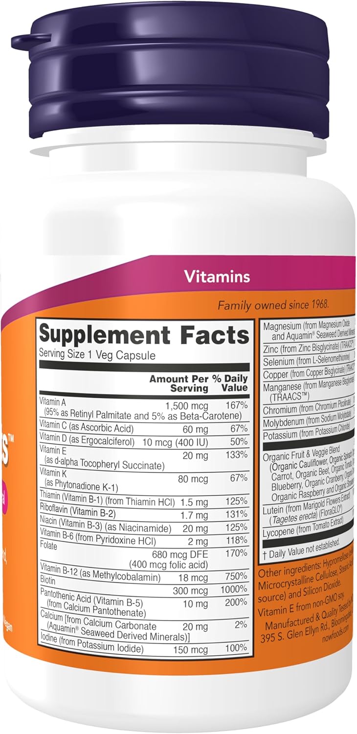 NOW Foods Supplements, Daily Vits™with Fruit &amp; Veggie Blend, Lutein and Lycopene, 30 Veg Capsules
