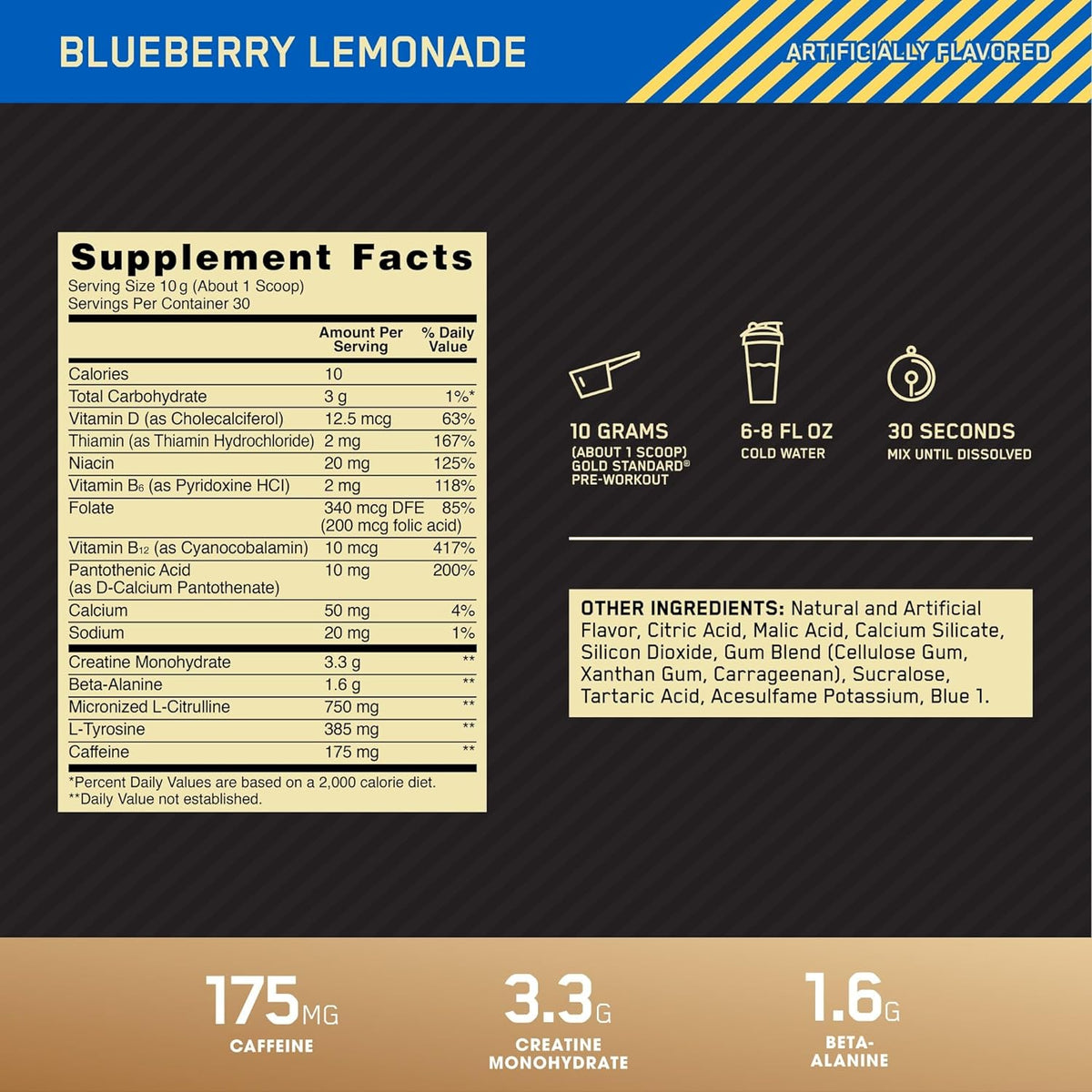 Optimum Nutrition Gold Standard Pre-Workout, Vitamin D for Immune Support, with Creatine, Beta-Alanine, and Caffeine for Energy, Keto Friendly, Blueberry Lemonade, 30 Servings