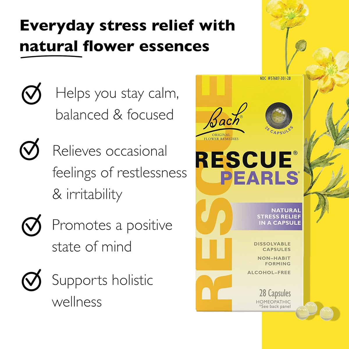 Bach RESCUE PEARLS, Natural Orange Vanilla Flavor, Natural Stress Relief, Homeopathic Flower Essence, Quick-Dissolve, Gluten &amp; Sugar-Free, 28 Count