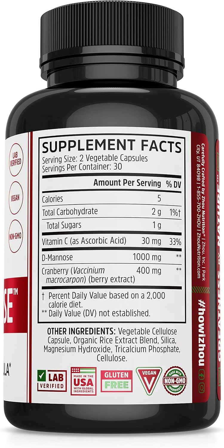 Zhou Cran-Defense - Cranberry Pills for Women &amp; Men, D Mannose with Cranberry Extract, 1000 mg D-Mannose Per Capsule for Urinary Tract Health, Antioxidant Support - 60 Veggie Capsules
